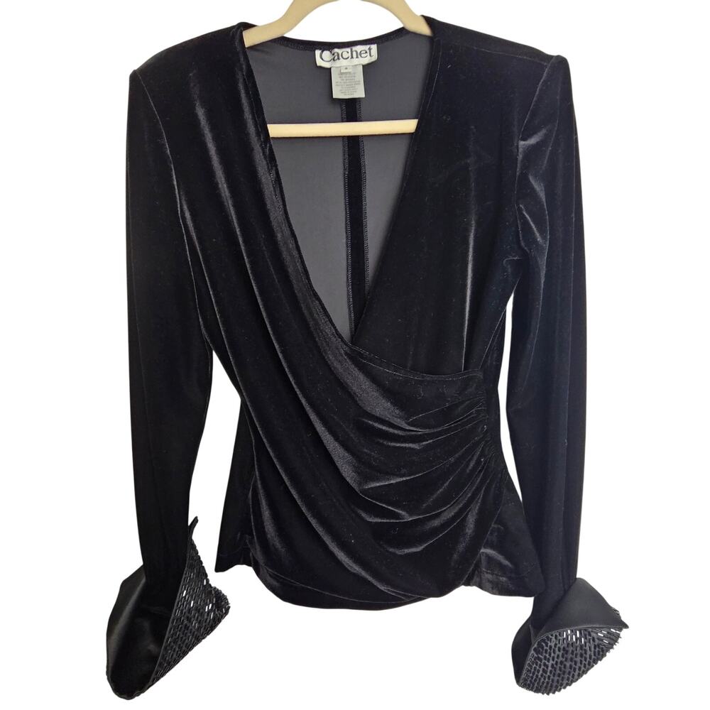 Vintage Cachet Womens Black Velvet Beaded Surplice Blouse 8 Glam Cocktail Formal